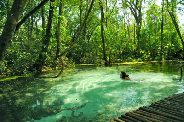 Nascente Areia que Canta, com água cristalina verde-esmeralda e uma pessoa flutuando entre as árvores.
