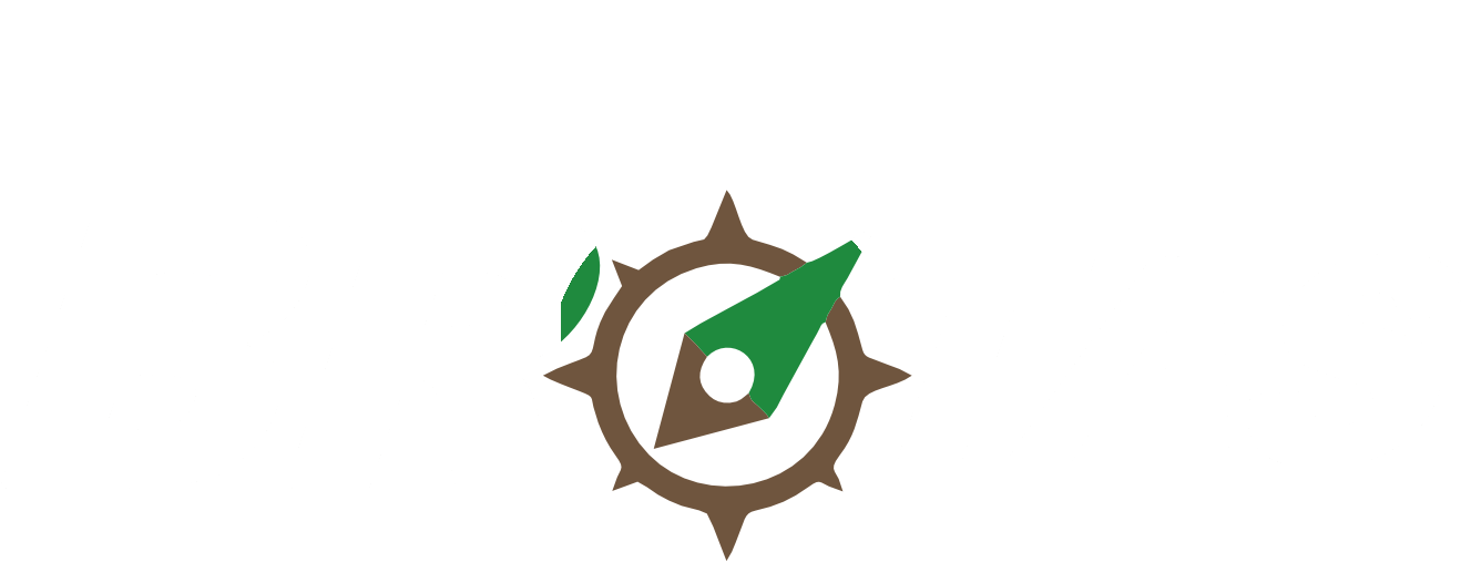 Logotipo da TRT Brotas em branco, com uma bússola no lugar da letra O de Brotas.